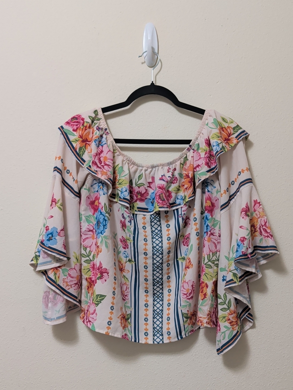 Jealous Tomato Floral Off-Shoulder Ruffle Top - Pink, Blue, Green